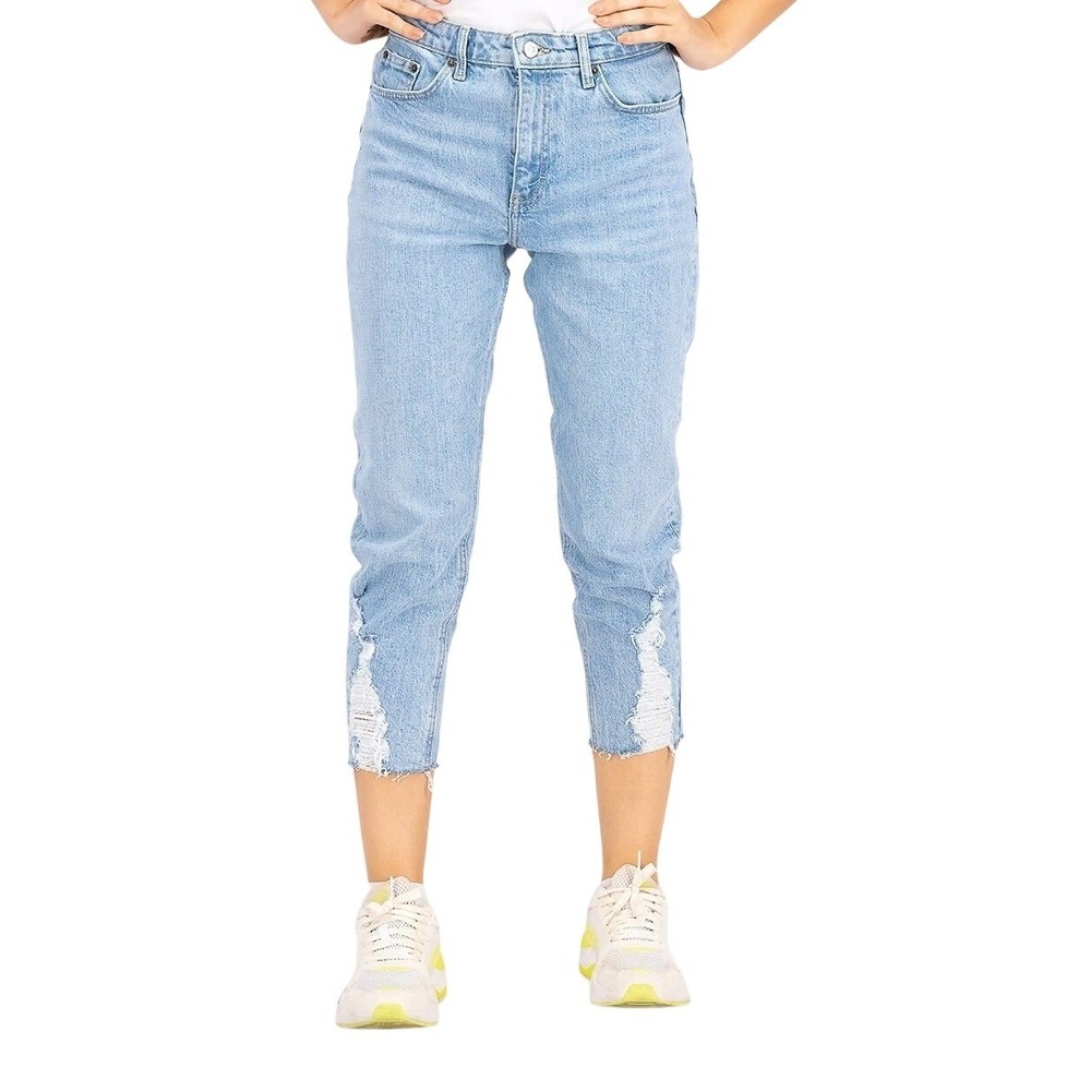 Topshop‎ Womens High Rise Straight Leg Jeans Size 30 Light Wash Distressed Denim